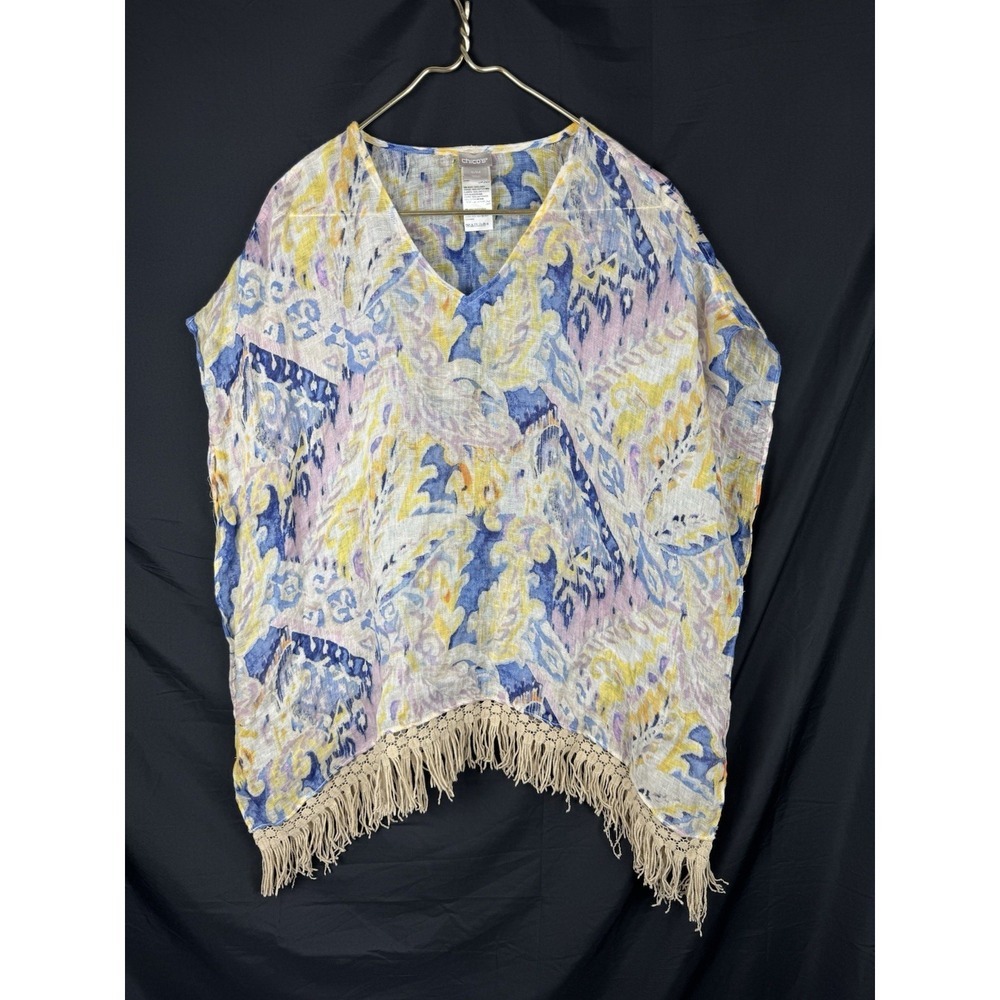 Chicos Linen Ikat Print Poncho Top V-Neck Fringe Trim Tunic Blue Yellow S/M
